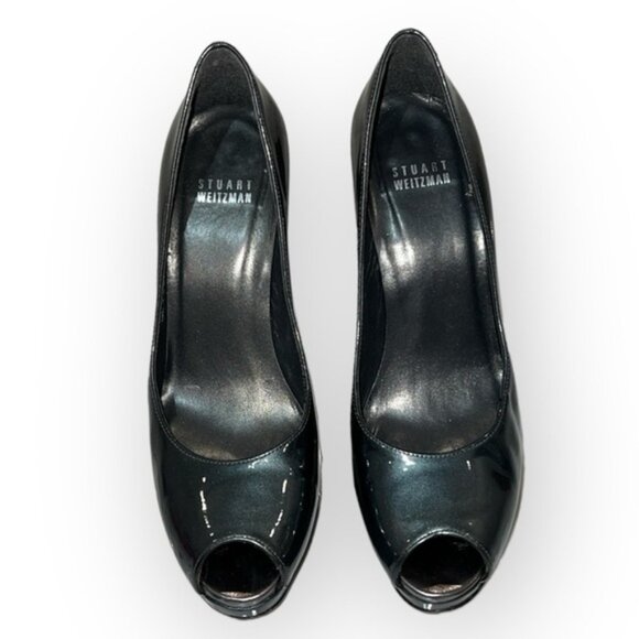 STUART Weitzman Shiny Gray peep toe platform evening prom high heels size 7.5 M - Picture 1 of 16